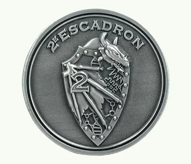 Custom 3D cast lapel pin featuring an antique silver finish, a detailed shield emblem with a dragon motif, and the text "2E ESCADRON".