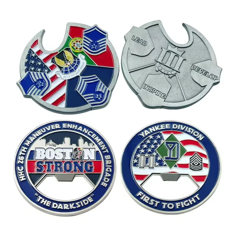Four custom metal pins and shaped badges featuring colorful enamel details and military-inspired designs, including a Boston Strong pin with a bottle opener cutout, a Yankee Division flag pin, and custom shaped command badges.
