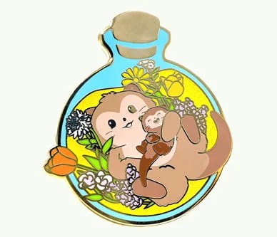 Custom hard enamel pin shaped like a potion bottle, featuring an illustration of cute otters surrounded by flowers with vibrant colored fills and gold metal outlines.