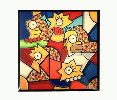 Custom offset printed lapel pin featuring a vibrant, photorealistic abstract pop art illustration of the Simpsons family in a geometric mosaic style.
