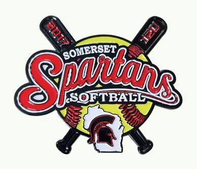 Custom Somerset Spartans softball trading pin featuring crossed bats, a yellow softball, and red and white lettering.
