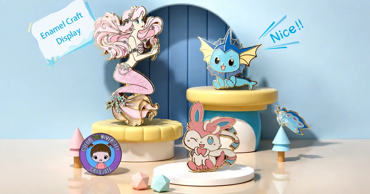 Custom glitter mermaid enamel pin and anime lapel pins displayed on colorful background stages