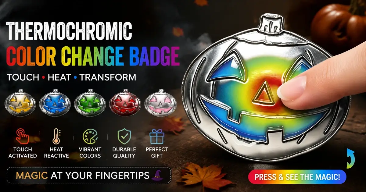 Heat activated thermochromic pin shaped like a pumpkin changing colors when touched
