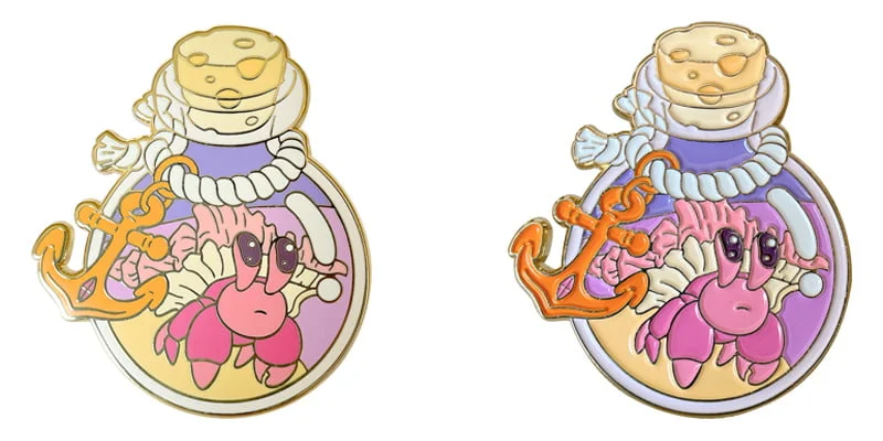 Hermit crab potion bottle custom enamel pins with gold and rainbow plating