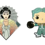 Custom movie character enamel pins featuring Star Wars Padme and Funko Pop style character with glitter