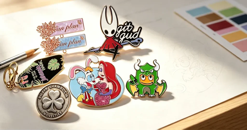 Custom soft enamel pin and glitter cartoon badge displayed on designer workspace with sketches