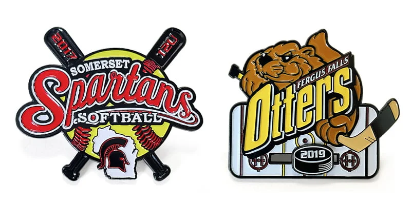 Custom sports trading pins featuring softball and hockey team logos