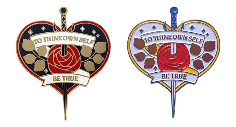 Imitation hard enamel pins featuring rose dagger design with gold and rainbow plating