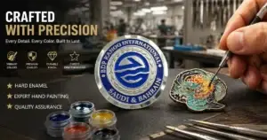 Craftsman executing precise hand painting during the custom enamel pin process in the factory.