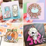 Collage of cute custom enamel pin design ideas with custom backing cards