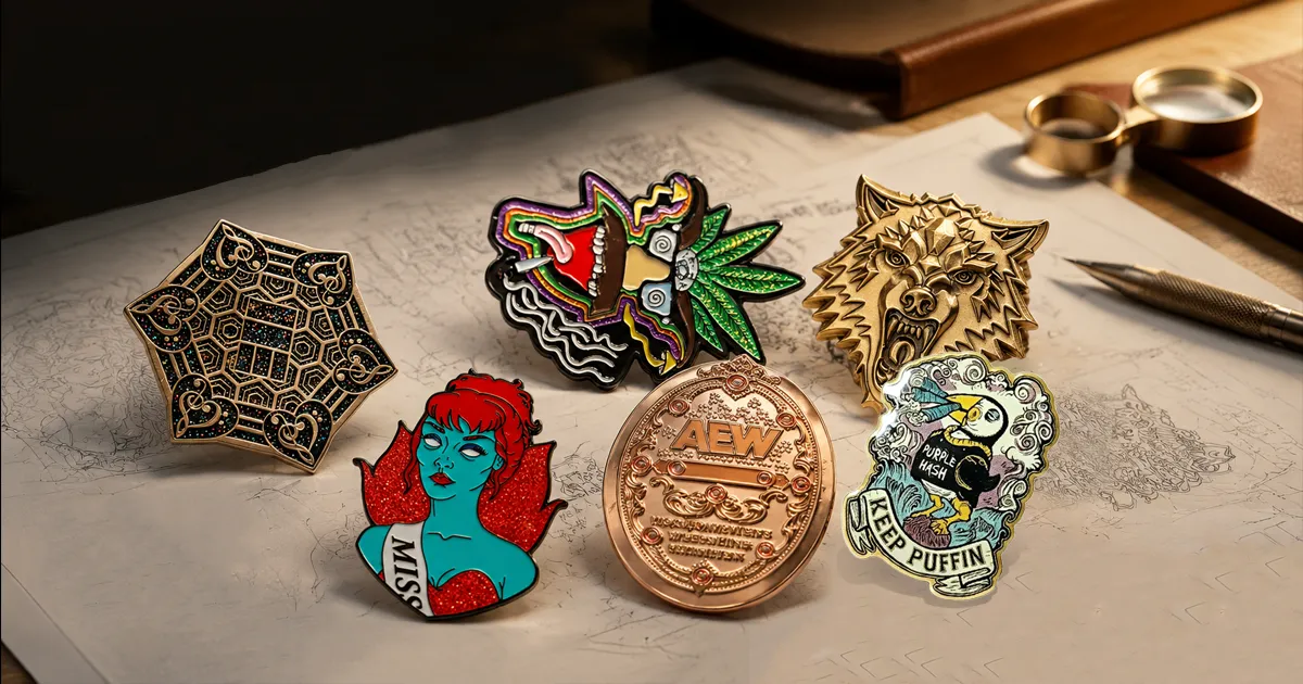 An assortment of custom enamel pins including geometric, character, wolf, and coin designs laid out on a design sketch, illustrating the process of how to custom enamel pins.
