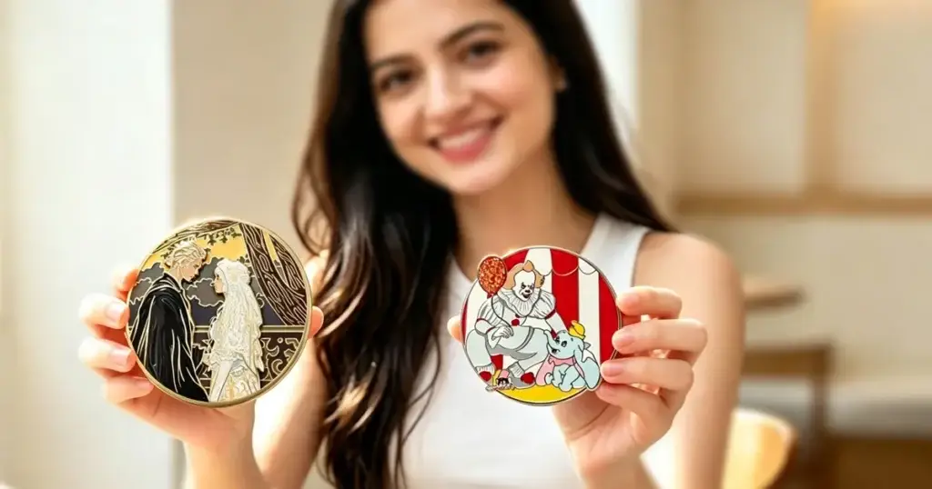 A woman holding two custom enamel pins with gold plating and detailed artwork, demonstrating high-quality manufacturing from top Chinese enamel pin manufacturers.