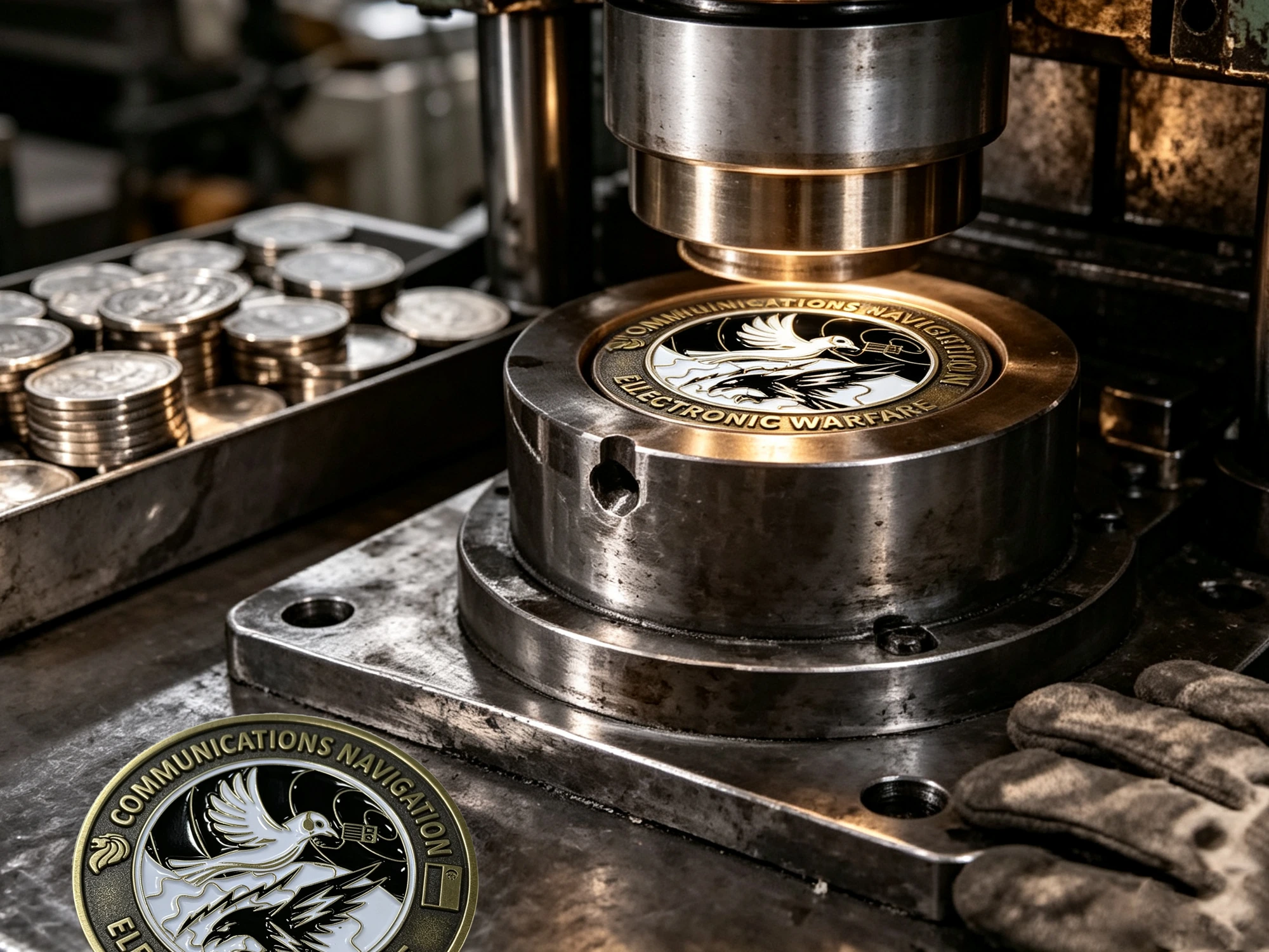 Challenge coin manufacturing scene, metal stamping press for custom commemorative coin production