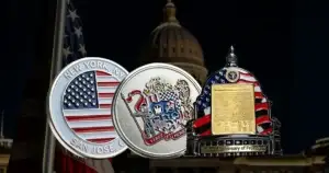 Collection of custom USA themed challenge coins with hard‑enamel and 3D relief details