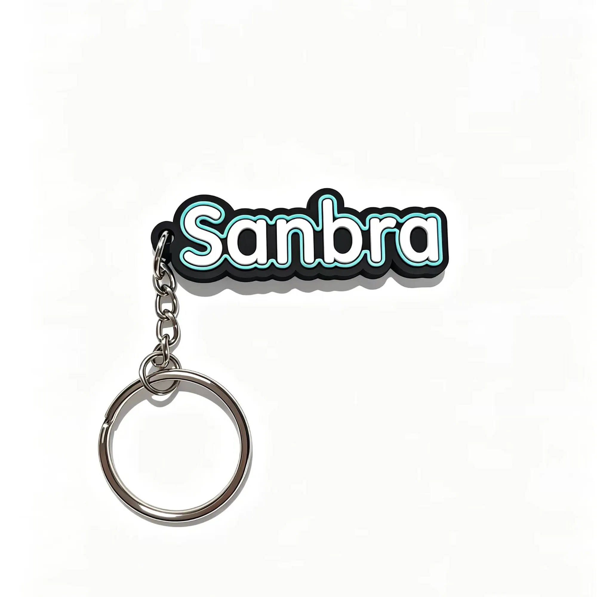 Custom 2D keychain with "Sanbra" typography logo, made from flexible soft PVC rubber with a durable metal split ring.
