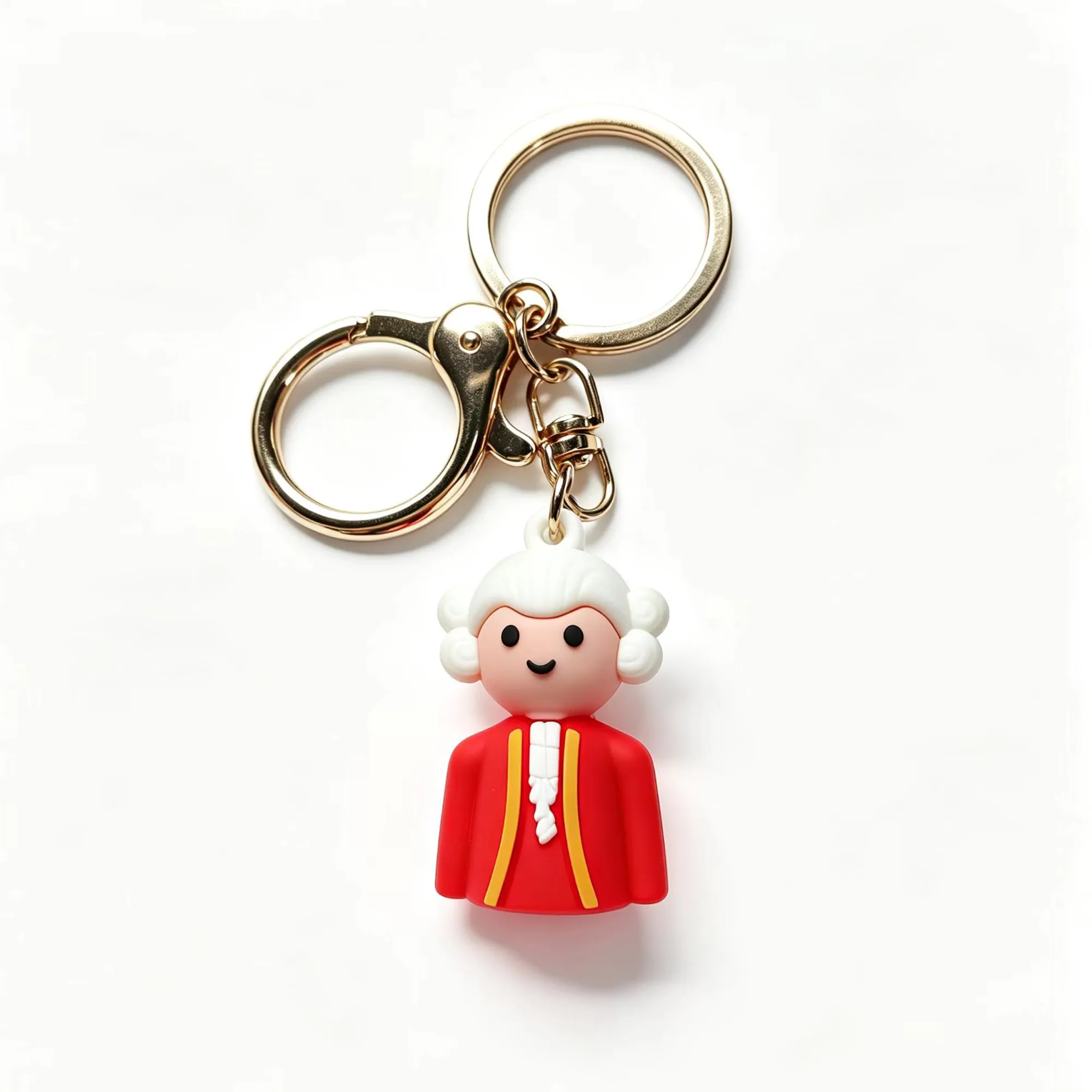 Custom 3d pvc keychain featuring a molded historical character figurine in a red coat with a gold-tone lobster clasp and split ring.