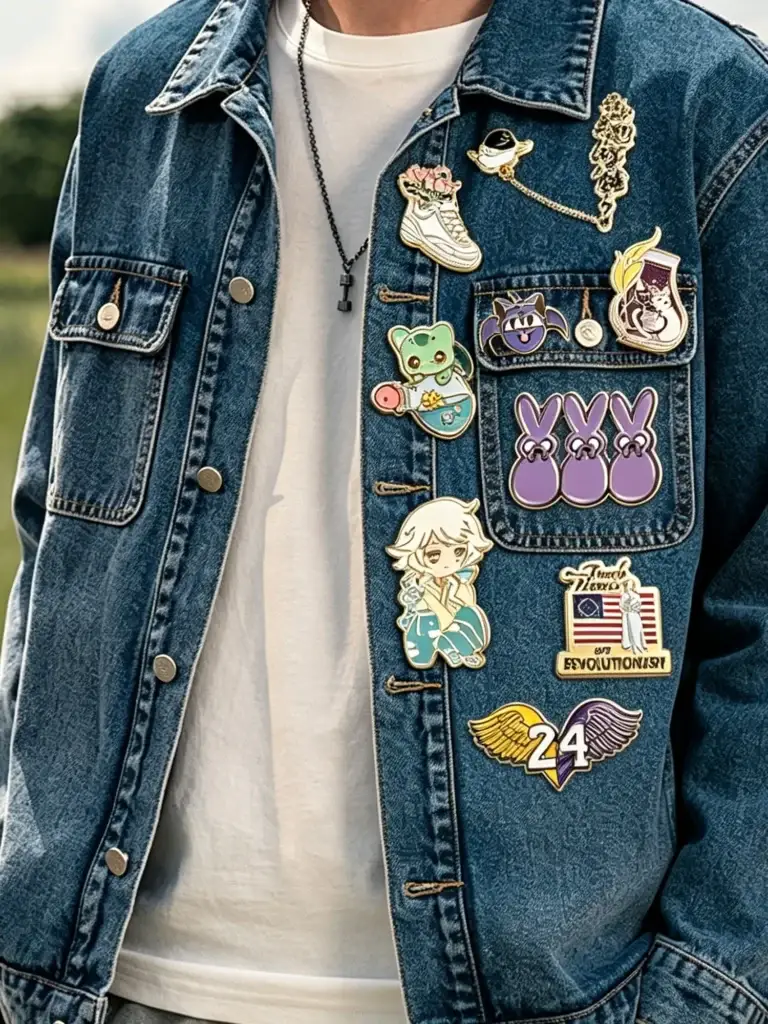 Person wearing a blue denim jacket decorated with various creative anime and cartoon custom enamel lapel pins.