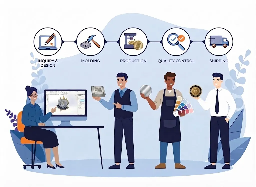 Infographic illustrating the five-step custom challenge coin manufacturing process from design to shipping