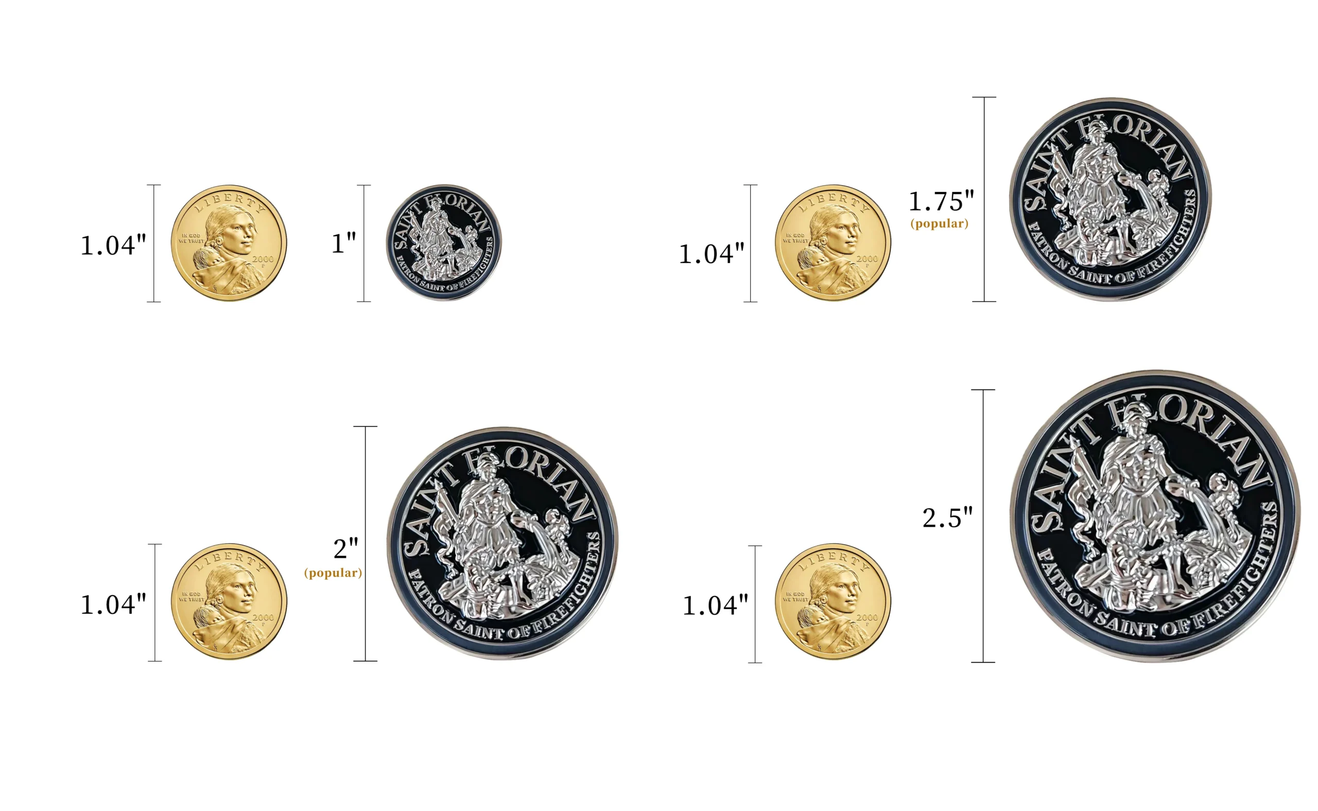 Comparison chart showing various custom challenge coin sizes ranging from 1 inch to 2.5 inches with a coin for scale.