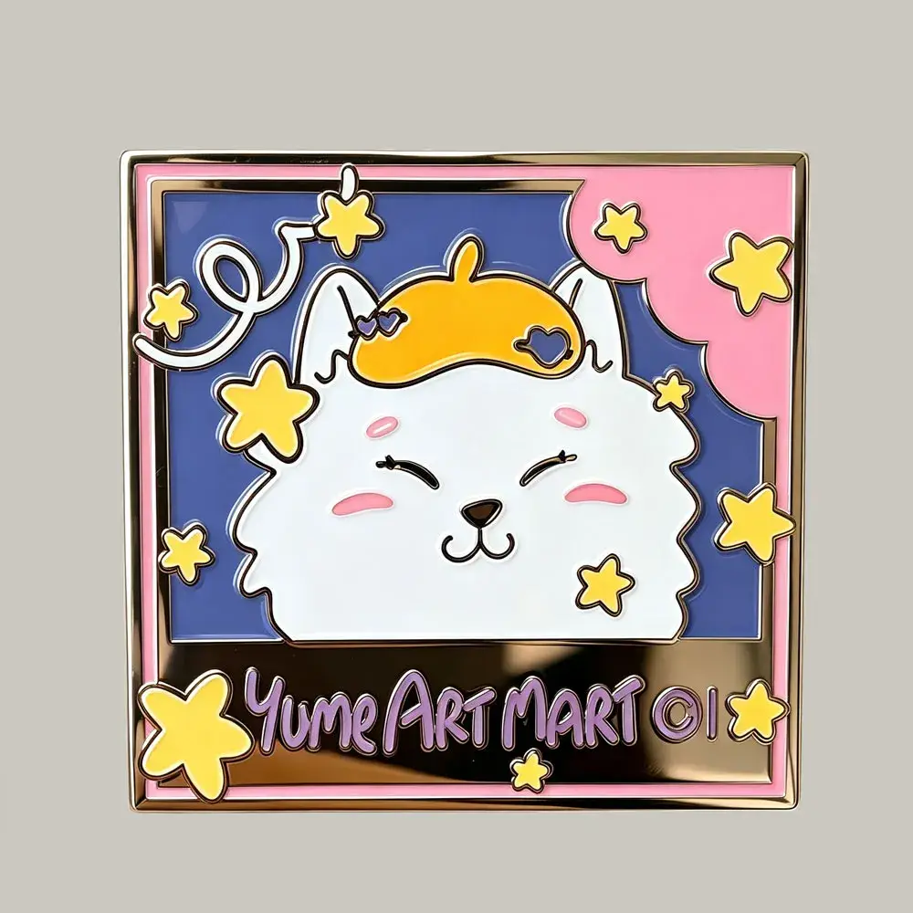 A custom square enamel pin featuring a fluffy white character wearing a yellow beret surrounded by yellow stars, pink clouds, and the text "Yume Art Mart 01" on a dark metal base.