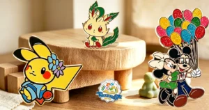 A collection of various custom enamel pins on a wooden display. The image includes an enamel pin of Pikachu with a flower, a Leafeon-inspired enamel pin, a Mickey and Minnie Mouse enamel pin with glitter balloons, and a logo enamel pin with a book and ribbon.