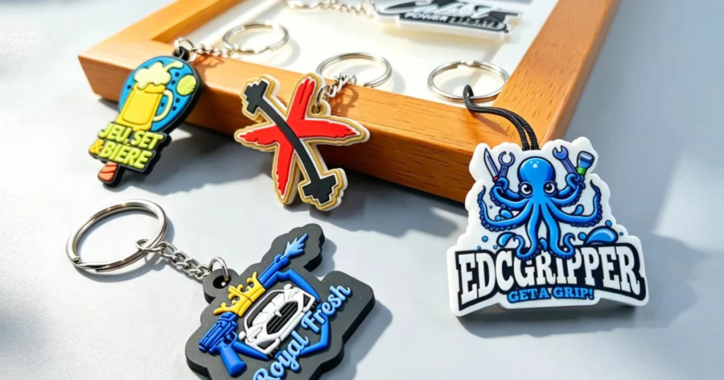 Step-by-step display of custom PVC keychains featuring flexible designs and vibrant colors for brand promotion