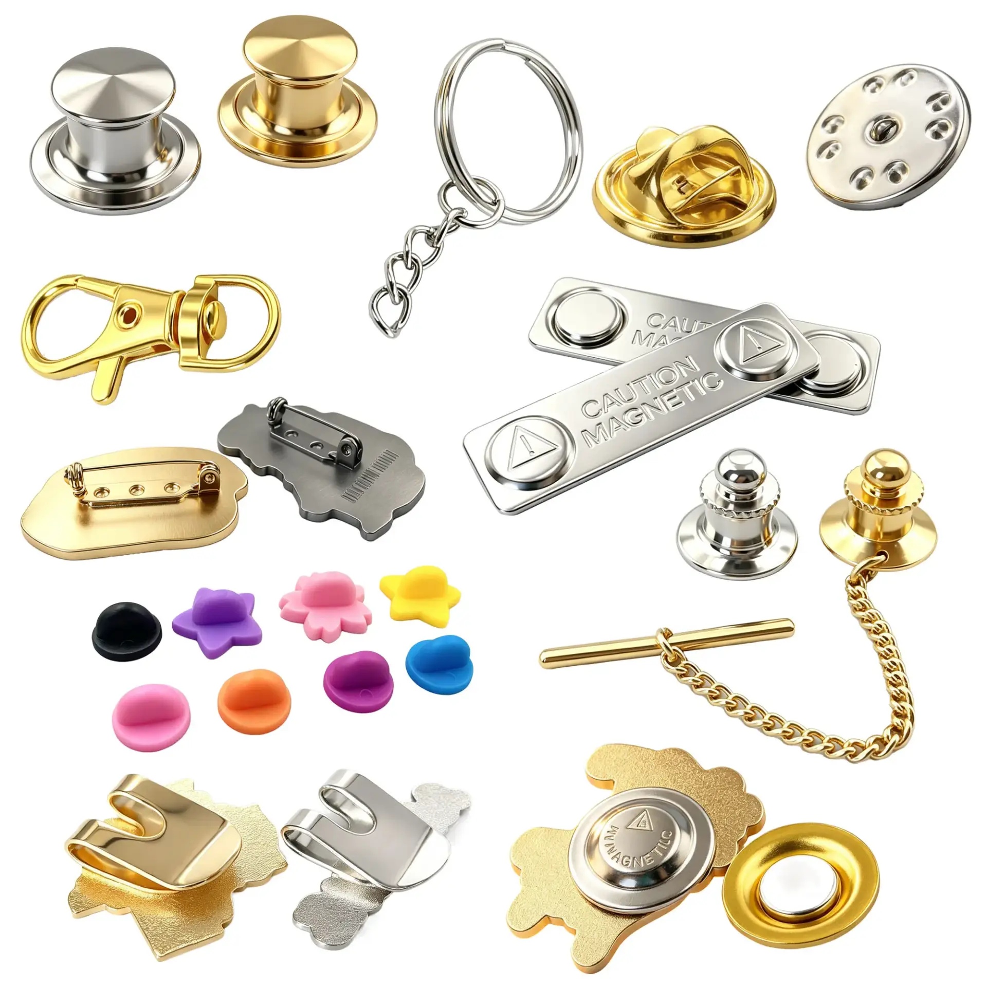 An assortment of custom enamel pin backings and attachments on a white background, including metallic butterfly clutches, deluxe flat-head clutches, colorful rubber clutches, pin backs with safety pins, magnetic bars, and a chain tie tack.