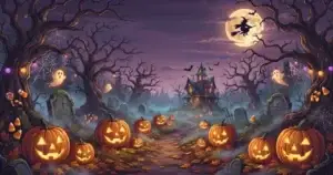 Spooky Halloween background illustration featuring glowing jack-o'-lanterns, a haunted house, flying ghosts, and a witch riding a broomstick under a full moon.