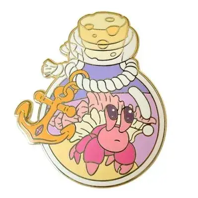 A high-quality custom hard enamel pin designed as a message in a bottle. Inside the bottle is a cute pink hermit crab on a yellow beach, with pink and cream seashells, a purple ocean background, and a dangling gold metal anchor on a rope, all with a smooth, polished finish.