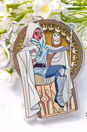 Custom Art Nouveau style acrylic keychain featuring a sci-fi alien character in a white cloak with a small owl and gold glitter background.
