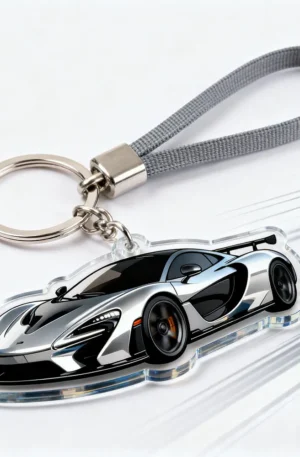 Custom sports car acrylic keychain featuring a sleek silver super car design, attached with a metal keyring and a grey woven lanyard strap.