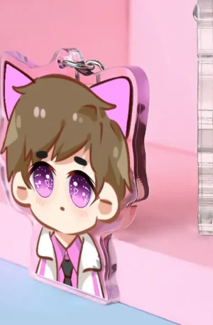Custom anime acrylic keychain featuring a cute boy with pink cat ears, sparkling purple eyes, and a silver keyring.