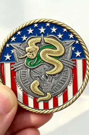 Custom challenge coin featuring an American flag background with red and white stripes and blue field with white stars, overlaid with a textured skull, arrows, and a golden coiled snake.