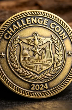 Custom challenge coin featuring an antique gold finish, engraved "CHALLENGE COIN" text along the top edge, the year "2024" at the bottom, and a central shield emblem with an eagle, stars, and architectural landmarks framed by a wreath.