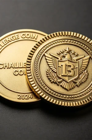 Custom challenge coin featuring a polished gold finish, displaying an eagle shield emblem with the letter "B" and stars on the front coin, alongside text reading "CHALLENGE COIN" and the year "2024" on the back coin.