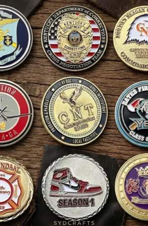 Custom challenge coin collection showcasing a grid layout of various commemorative, military, fire academy, and custom-designed metal coins with intricate enamel fills and textures.