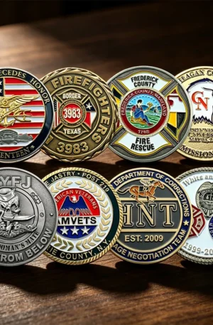 Custom challenge coin assortment arranged in a two-row display on a wooden surface, showcasing various military, firefighter, veterans, and department emblems with detailed enamel fills and metallic finishes.