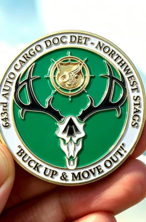 Custom challenge coin featuring a green enamel background, black and white deer skull design, and gold lettering for the 643rd Auto Cargo DOC DET - Northwest Stags.