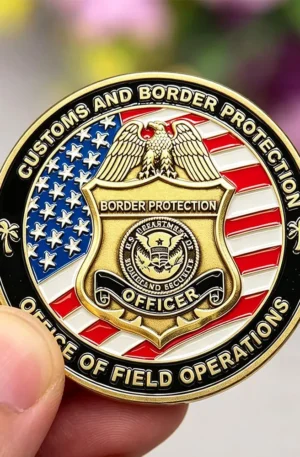 Custom challenge coin featuring an antique gold and enamel finish, displaying the American flag background with a central "Customs and Border Protection Office of Field Operations" shield badge emblem.