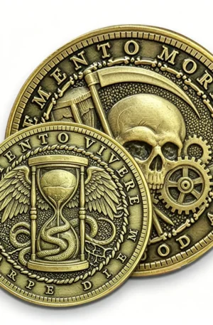 Custom challenge coin featuring an antique gold finish with double-sided philosophical designs: the front coin displays a winged hourglass entwined with a snake and the inscription "MEMENTO VIVERE CARPE DIEM", while the background coin features a skull, scythe, and gear motifs with the text "MEMENTO MORI".