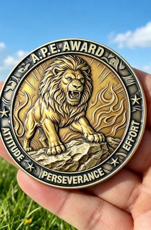 Custom challenge coin featuring an antique gold finish, displaying a roaring lion standing on a rocky outcrop against a background of stylized flames, encircled by the text "A.P.E. AWARD - ATTITUDE PERSEVERANCE EFFORT".