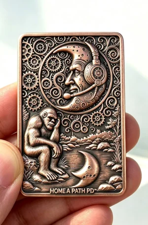 Custom rectangular challenge coin featuring an antique copper finish, displaying an intricate landscape scene with a Sasquatch figure sitting pensively by a river under a starry sky, with a stylized crescent moon wearing a headset overhead, surrounded by mechanical gear motifs and filigree, with the text "HOME A PATH PD" inscribed along the bottom edge.