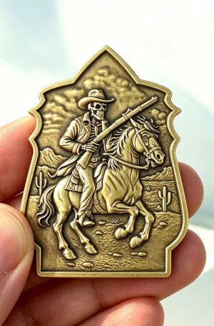 Custom challenge coin with an antique gold finish featuring a skeleton cowboy riding a horse through a desert landscape.