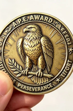 Custom challenge coin with an antique gold finish featuring an eagle design and the "A.P.E. Award" inscription.