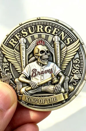 Antique gold challenge coin featuring a skeleton in a Braves baseball jersey with "RESURGENS" and "KING OF THE" lettering.