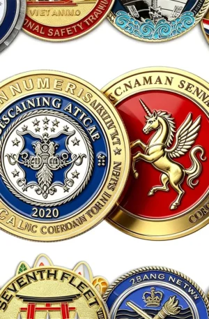 Custom challenge coin collection featuring detailed metallic finishes, vibrant enamel fills, and intricate designs including a central blue military emblem coin and a red winged unicorn coin surrounded by various other commemorative coins.