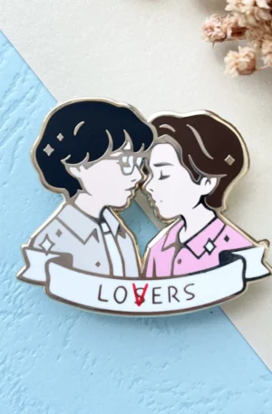 Custom Enamel Pin - "Lovers" Couple Character Design with Banner Lapel Pin