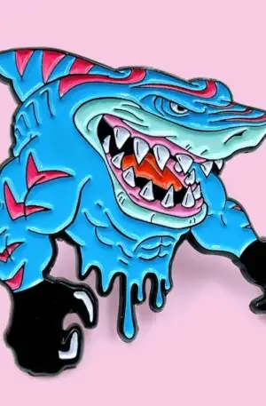 Custom Enamel Pin - Buff Muscular Blue Shark with Sharp Teeth and Drip Design Lapel Pin