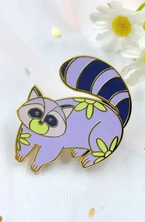 Custom Enamel Pin - Cute Purple and Blue Raccoon with Flower Patterns and Striped Tail Lapel Pin