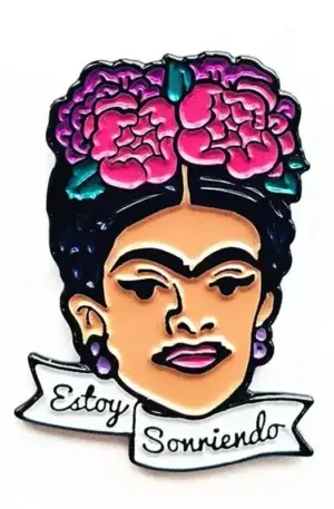 Custom Enamel Pin - Frida Kahlo Portrait with Floral Crown and "Estoy Sonriendo" Banner Lapel Pin